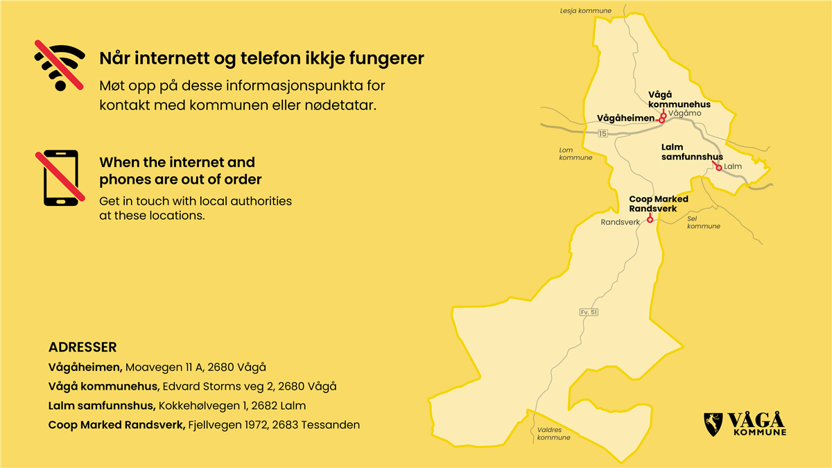 Når internett og telefon ikkje fungerer. Kart over informasjonspunkt i Vågå. - Klikk for stort bilde