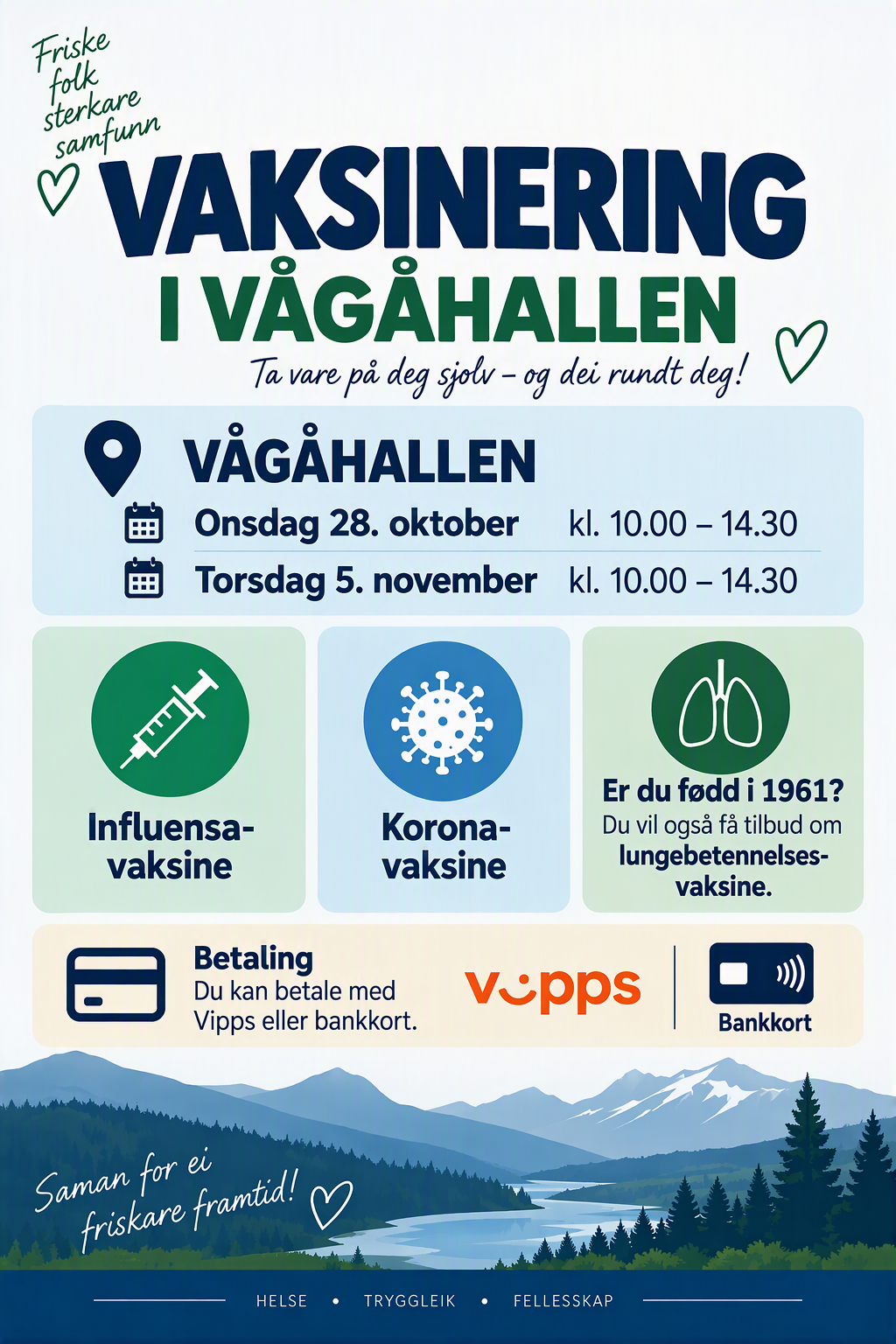 Vaksinering i Vågåhallen - plakat med informarsjon - Klikk for stort bilde