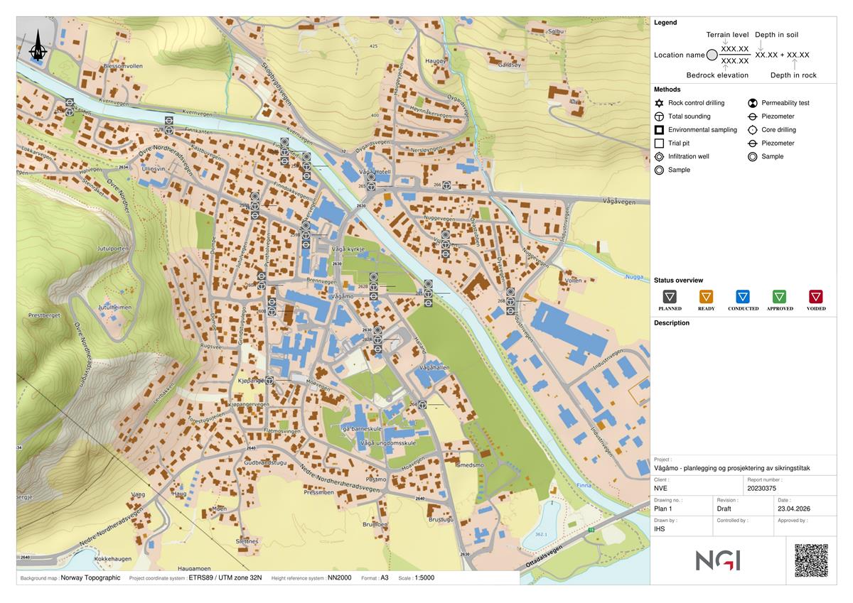 Kart over Vågåg, med markeringar for grunnundersøkingar - Klikk for stort bilde